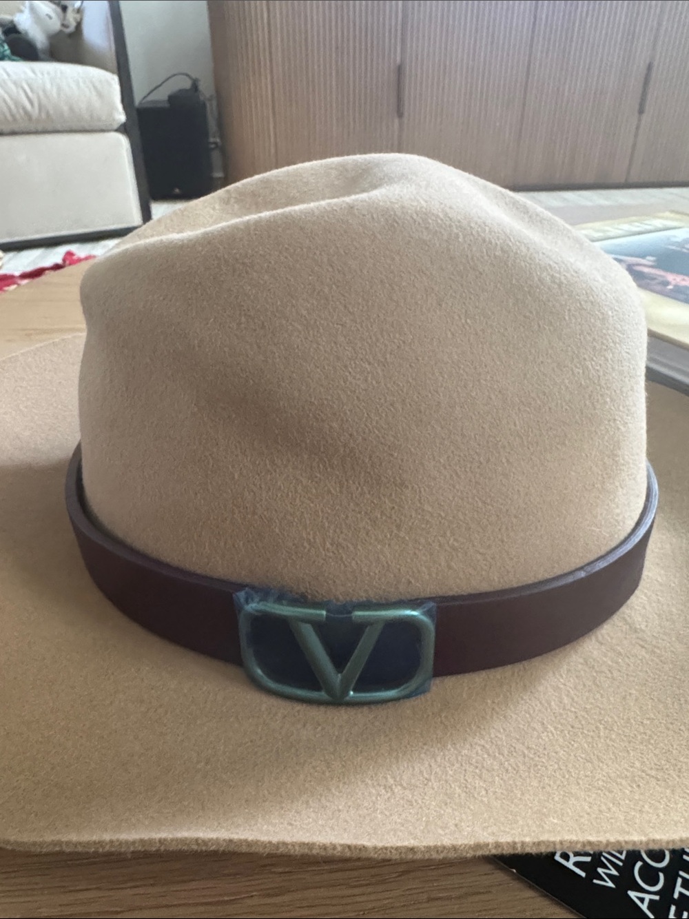 Womens Beige Felt Fedora with Brown Leather Band and Decorative Buckle